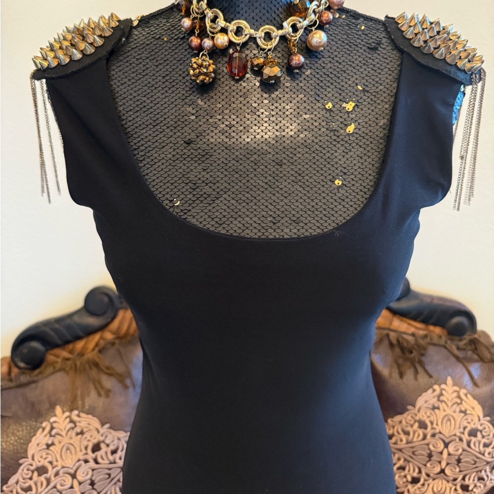 Symphony Vintage Black Midi Bodycon Dress With Chain Fringe & Studded Shoulders - Picture 2 of 9